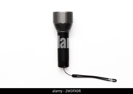 Portable Small Black Metal Lantern, Flashlight, Isolated on White Background. Copy Space. Stock Photo