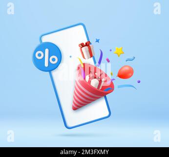 3d Party popper with confetti and gift boxes. Stock Vector