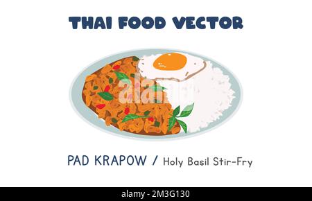 Thai Pad Krapow Gai - Thai Holy Basil Chicken Stir-Fry flat vector design, clipart cartoon style. Asian food. Thai cuisine. Thai local food Stock Vector