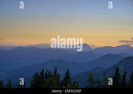 View from Schiessling at sunset, Aflenz, Styria, Austria Stock Photo