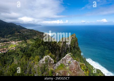 Ridge of Pico do Alto, view of coast and sea, Boaventura, Madeira, Portugal Stock Photo