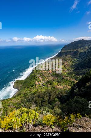 Ridge of Pico do Alto, view of coast and sea with village Arco de Sao Jorge, Madeira, Portugal Stock Photo
