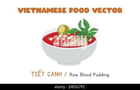 Vietnamese raw blood pudding flat vector design. Tiet Canh clipart cartoon style. Asian food. Vietnamese cuisine. Scary food, horror food Stock Vector