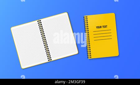 A notebook with a vertical spring. Notepad in a cage grid with a white sheet. Vector illustration on blue background Stock Vector