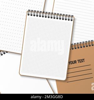 A notebook with a horizontal spring coil lies on top of another notebook. Notepad in a cage grid with a white sheet. Vector illustration isolated on w Stock Vector