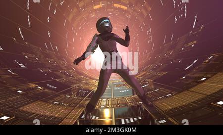 Woman wearing a space suit in a science fiction setting Stock Photo