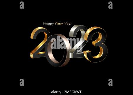 2023 golden, bronze and silver bold letters. New Year 3D logo for Holiday greeting card. Vector illustration isolated on black background, eve fashion Stock Vector