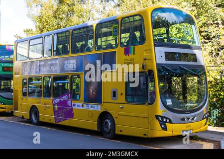 A 2014 Volvo B Series B9TL, Double Decker from the Yellow Buses Company, Reg No: BL14 LTJ, parked outside the bus station in Bournemouth UK 29-09-2021 Stock Photo