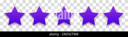Star purple icon on transparent background. Customer feedback concept. Vector 5 stars rating review. Quality shape design. Vector yellow isolated five Stock Vector
