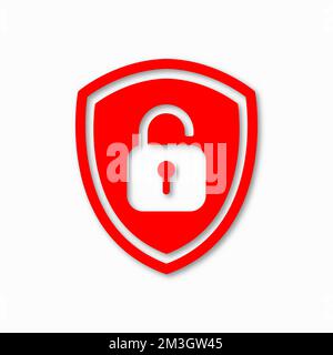 Icon or symbol of a shield with a opened padlock. Sign unlock on a white background. Vector illustration. Stock Vector