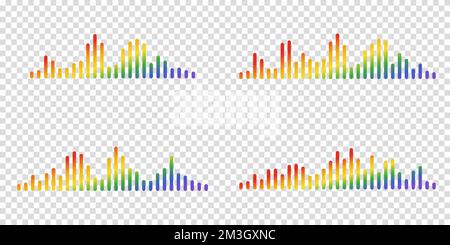 Audio waves Set. Multicolored rainbow icon sound song. EQ. Podcast wave. Symbols on isolated background. Voice message. Vector illustration. Stock Vector