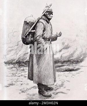 Illustration of a man in respirator and goggles wearing on his back one of the actual burning-oil-distributors captured from the Germans by the French. Illustration from 1915. Stock Photo