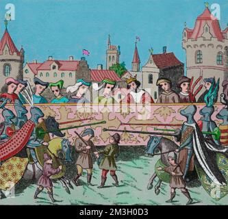 Tourments in honor of the entry of queen isabel of Bavaria (1370-1435) in Paris, France, 1389. Stock Photo