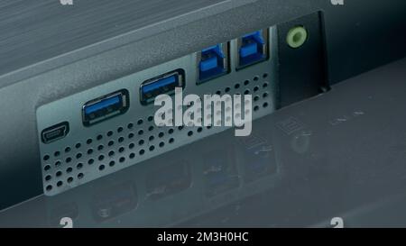 Connectors in the TV. Action.Various connectors for flash drives and chargers taken on camera close-up. High quality 4k footage Stock Photo