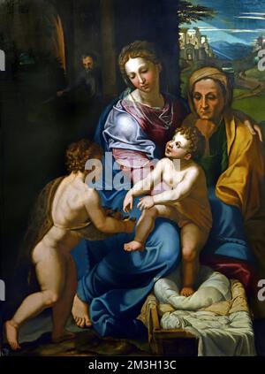 Sacra Famiglia con Sant'elisabetta e San Giovannino - Holy Family with Saint Elizabeth and the Infant Saint John by Girolamo Siciolante da Sermoneta 1521-1580  Christian Art, Italy, Italian. Stock Photo