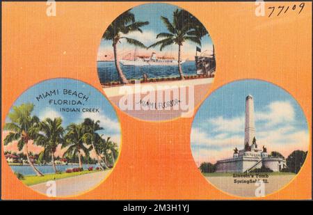 Miami, Florida. Miami Beach, Florida, Indian Creek. Lincoln's tomb, Springfield, Ill. , Rivers, Monuments & memorials, Ships, Tichnor Brothers Collection, postcards of the United States Stock Photo