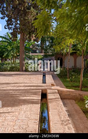 Menara Gardens - a historic public garden and orchard in Marrakech, Morocco. Established in 12th century by the Almohad Caliphate ruler Abd al-Mu'min. Stock Photo