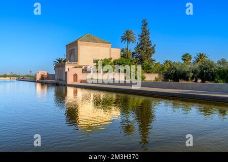 Menara Gardens - a historic public garden and orchard in Marrakech, Morocco. Established in 12th century by the Almohad Caliphate ruler Abd al-Mu'min. Stock Photo