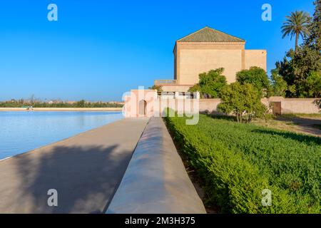 Menara Gardens - a historic public garden and orchard in Marrakech, Morocco. Established in 12th century by the Almohad Caliphate ruler Abd al-Mu'min. Stock Photo