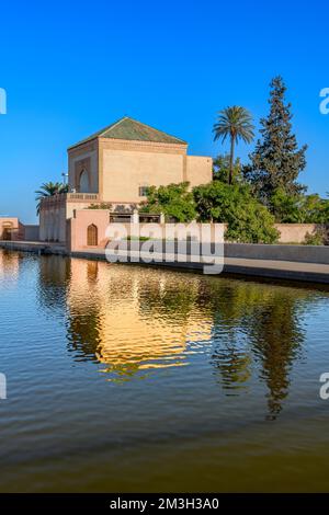 Menara Gardens - a historic public garden and orchard in Marrakech, Morocco. Established in 12th century by the Almohad Caliphate ruler Abd al-Mu'min. Stock Photo