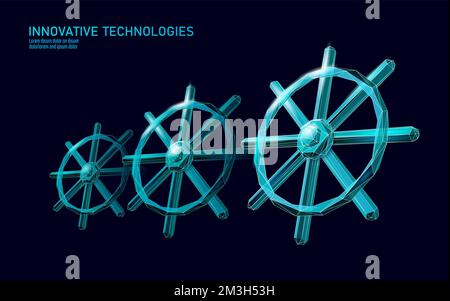 Wheel helm computer developer app concept. Business digital open source program. Data coding steering 3D low polygonal vector line illustration Stock Vector