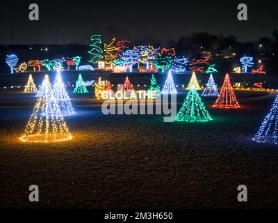 Festive Waterfront Christmas Lights at the Olathe Kansas Community Center Stock Photo