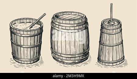 Wooden storage barrel, churn, bucket in sketch style. Farm production set. Hand drawn vintage vector illustration Stock Vector