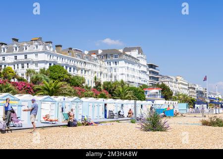 Eastbourne East Sussex Eastbourne beach - people enjoying the sun outside beach huts on Eastbourne Beach Eastbourne East sussex England UK GB Europe Stock Photo