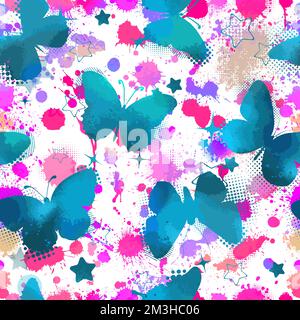 Seamless pattern of butterflies and watercolor blots. Vector illustration Stock Vector