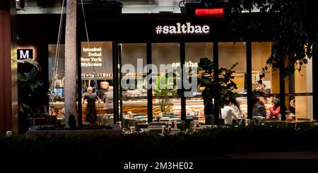 Saltbae Burger Galataport Salt Bae is international restaurant. Night, outside view restaurant concept.Istanbul, TURKEY- 13 December 2022 Stock Photo