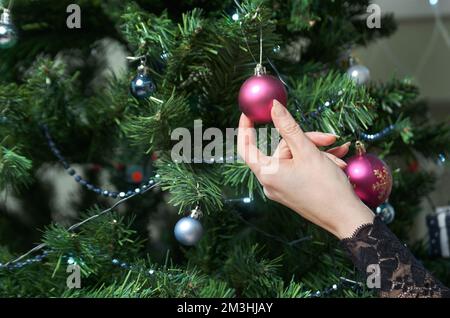 Close-up of female hands decorating a Christmas tree Stock Photo