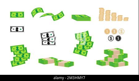Money symbol icon set. Dollar banknotes and coins. Vector illustration Stock Vector