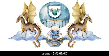 Knight in a hot air balloon watercolor illustration. Boy and dragons mystical story Stock Photo