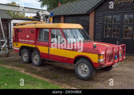 A Fire & Rescue Range Rover (1970s) at the Brooklands Museum, Surrey, UK. Stock Photo