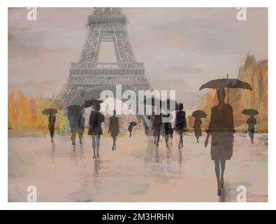 Paris in a rainy day of autumn by Eiffel Tower- vector illustration (Ideal for printing, poster or wallpaper, house decoration) Stock Vector
