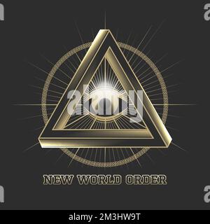 Masonic Symbol All Seeing Eye in Triangle of sacred Geometry and  wording New World Order on Black Background. Vector illustration Stock Vector