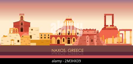 Sunset Skyline panorama of  Naxos, Cyclades Islands, Greece - vector illustration Stock Vector