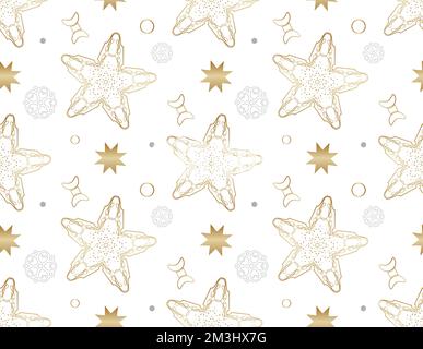 Seamless pattern for winter holidays. Festive white background with golden stars. Christmas and New Year background. Stock Vector