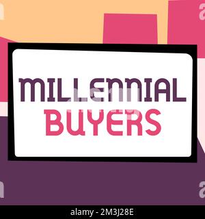 Hand writing sign Millennial Buyers. Concept meaning Type of consumers that are interested in trending products Stock Photo