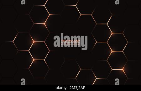 Black and yellow hexagonal technology vector abstract background. Yellow bright energy flashes under hexagon in modern technology futuristic Stock Vector