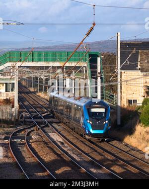 First Transpennine Express CAF class 397 Nova 2 electric train on the west coast mainline in Lancashire Stock Photo