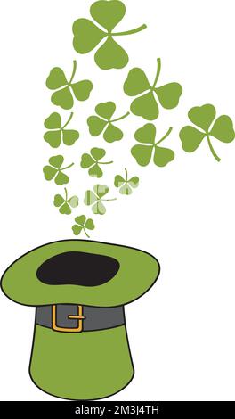 Saint Patrick's Day Leprechaun Green Hat and Three Leaf Clovers. Vector Illustration. Stock Vector