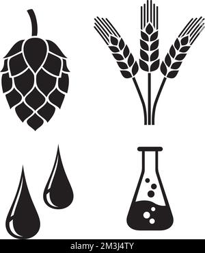 Brewing Ingredients Icons. Hops, Barley,  Water. Black and White. Vector Illustration. Stock Vector