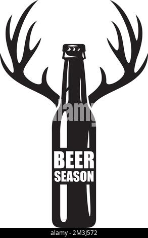 Beer Season Black and White. Bottle with deer antlers. Vector Illustration. Stock Vector
