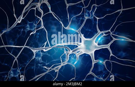 Neurons in the brain. Nerve cell. Neurone. Neuron cells. Neurology. 3d illustration. Stock Photo