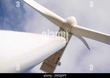Detailed Close Up View Of Wind Turbine, Generator, Rotor And Blade Stock Photo