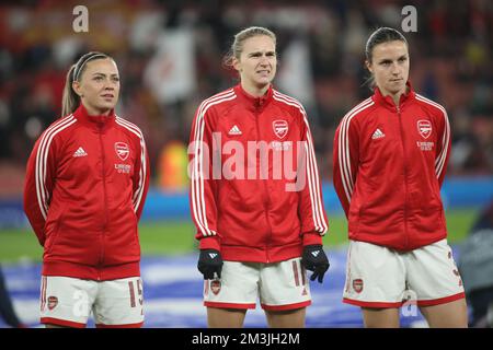 London, UK. 15th Dec, 2022. Kate McCabe, Vivianne Miedema and Lotte Wubben-Moy of Arsenal Women before the Womens Champions League match between Arsenal Women and Lyon Fminines at the Emirates Stadium, London, England on 15 December 2022. Photo by Joshua Smith. Editorial use only, license required for commercial use. No use in betting, games or a single club/league/player publications. Credit: UK Sports Pics Ltd/Alamy Live News Stock Photo