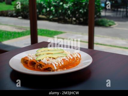 The entomatadas typical Mexican dish with boiled chicken and tortilla bathed in tomato sauce Stock Photo