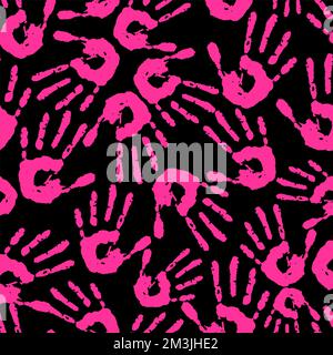 seamless pattern of bright pink handprints on a black background, texture, design Stock Photo