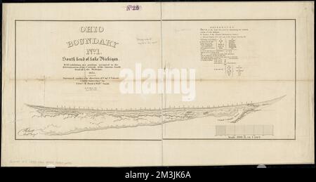 Ohio boundary no. 1 South Bend of Lake Michigan : map, exhibiting the position occupied in the determination of the latitude of the extreme south bend of Lake Michigan , Lake County Ind., Maps, Michigan, Boundaries, Ohio, Maps, Ohio, Boundaries, Michigan, Maps, Ohio, Surveys, Maps, Michigan, Lake, Surveys, Maps Norman B. Leventhal Map Center Collection Stock Photo